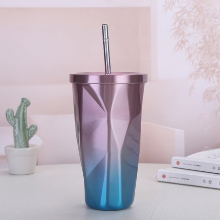 Diamond-shaped straw cup Coffee cup mug Gradual color stainless steel thermos cup Creative personality car water cup