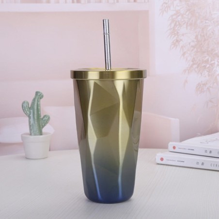 Diamond-shaped straw cup Coffee cup mug Gradual color stainless steel thermos cup Creative personality car water cup